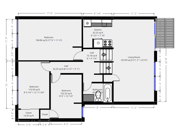Floor plan for 3 beds, 1.5 baths, 900 sqft